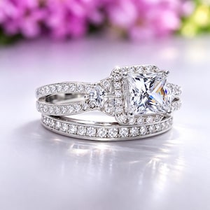 Princess Cut 1.5 Carat Moissanite Ring Set: Sterling Silver Wedding Anniversary Ring