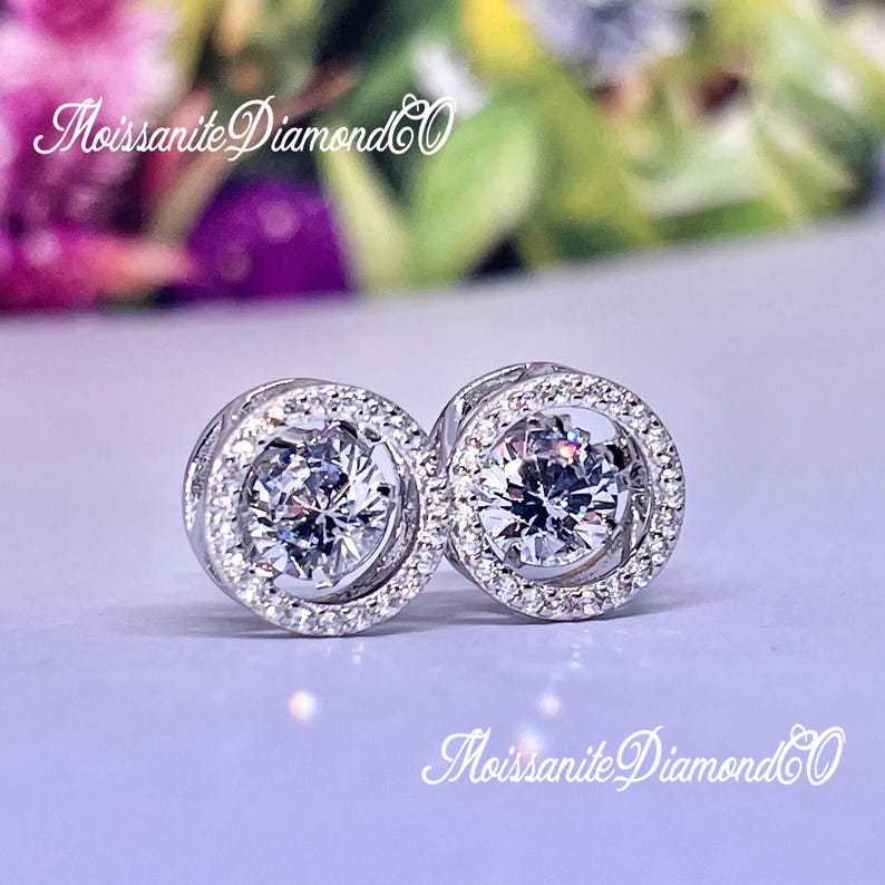 Halo Dancing Moissanite Stud Earrings: 925 Sterling Silver, Bridal Gift image 2