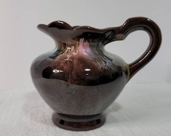 VTG Brown Drip Glaze Pottery Redware Pitcher Pink Blue Creamer