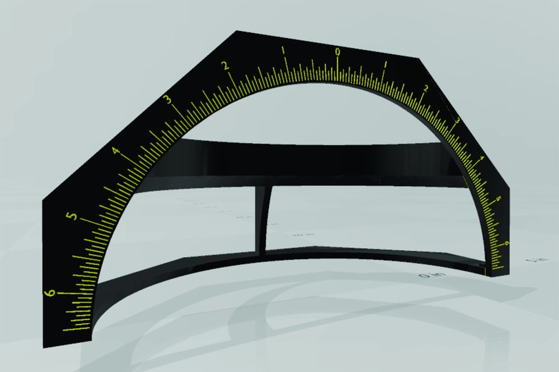 May include: A black protractor with yellow markings, measuring up to 6 degrees. The protractor is made of plastic and has a curved shape.