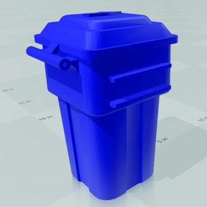 May include: A blue plastic trash can with a lid and a handle. The can is 10 inches wide and 15 inches tall.