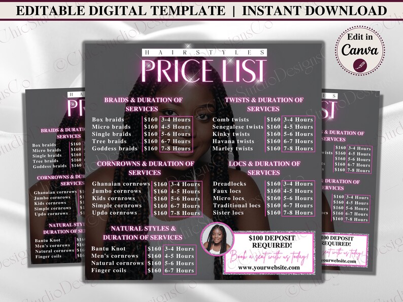 DIY Hair Salon Price List Template Editable Hairstyle Price Etsy