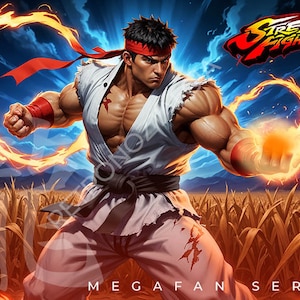 Puede incluir: Una ilustración digital de Ryu, un personaje de la serie de videojuegos Street Fighter. Lleva un gi blanco con una cinta roja en la cabeza y está rodeado de llamas. El texto "Street Fighter" y "Mega Fan Series" es visible en la imagen.