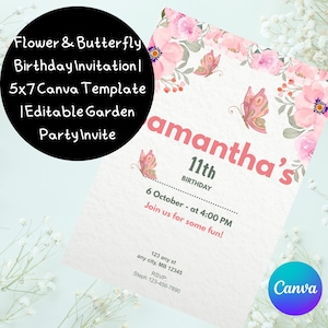 Convite de aniversário com flores e borboletas | Modelo Canva 5x7 | Convite editável para festa no jardim