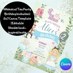Convite de aniversário para chá da tarde criativo | Modelo Canva 5x7 | Convite editável inspirado no País das Maravilhas