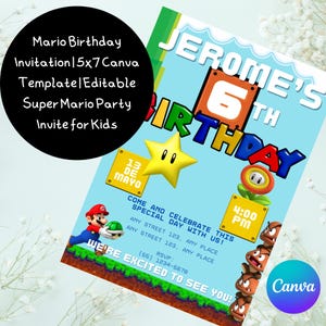 Invitation d'anniversaire de Mario | Modèle de toile 5 x 7 | Invitation modifiable à la fête de Super Mario pour les enfants