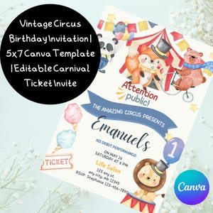 vintage d'anniversaire de cirque | Modèle de toile 5 x 7 | Invitation de billet de carnaval modifiable