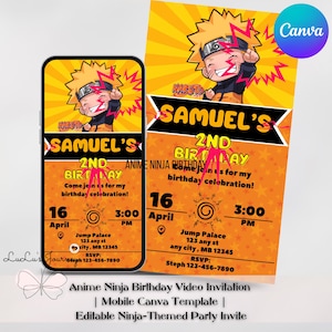 Invitation vidéo d'anniversaire Ninja Anime | Modèle de toile pour mobile | Invitation à une fête modifiable sur le thème des ninjas