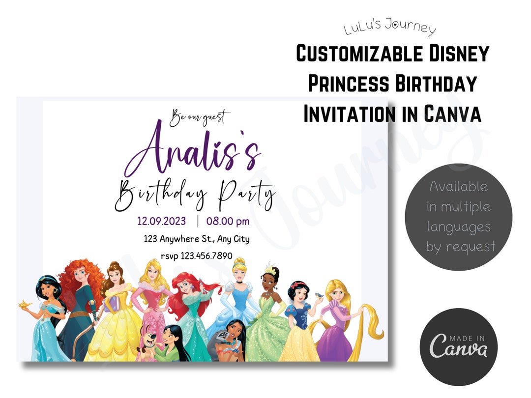 Customizable Disney Princess Birthday Invitation In Canva Etsy