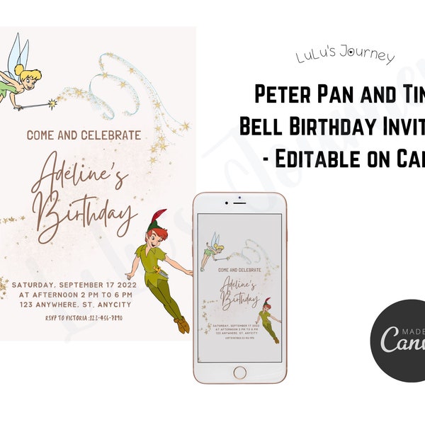 Peter Pan and Tinker Bell Birthday Invitation - Editable on Canva