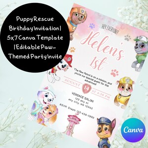Welpen-Rettung-Geburtstagseinladung | 5x7 Leinwand Vorlage | Bearbeitbar Paw-Themed Party einladen