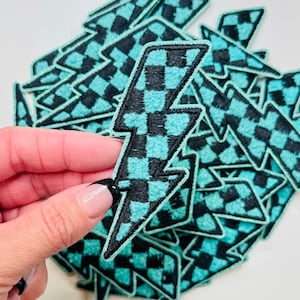 Teal & Black Checkered Lightning Bolt Embroidered Patch
