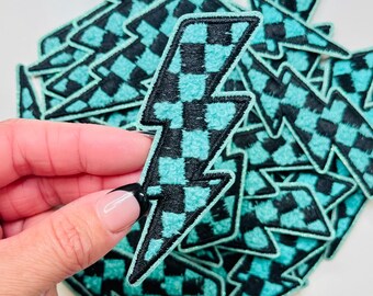ティール＆ブラックのチェック柄稲妻刺繍パッチ