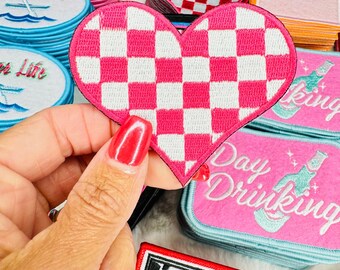Pink & White Checkered Heart Embroidered Patch