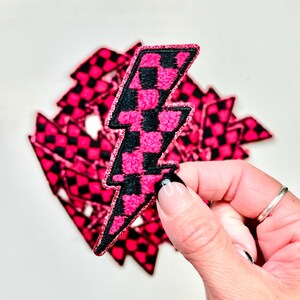 Pink & Black Checkered Lightning Bolt Embroidered Patch