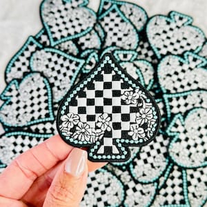 Black & White Checkered Floral Spade Embroidered Patch