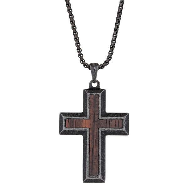 Wood Inlay Cross Pendant for Men / Stainless Steel Necklace / Black Ion Plating Pendant Necklace / 24 Inch Box Chain / Lobster Claw Necklace