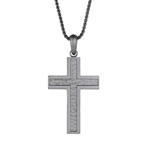 Stainless Steel Hammered Cross Pendant Necklace for Men / Black Ion Plated Chain Necklace / 24 Inch Box Chain / Lobster Claw Chain Necklace