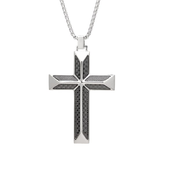 Sloped Carbon Fiber Cross Pendant for Men / Stainless Steel Necklace / 24 Inches Long Box Chain Necklace / Lobster Claw Pendant Necklace