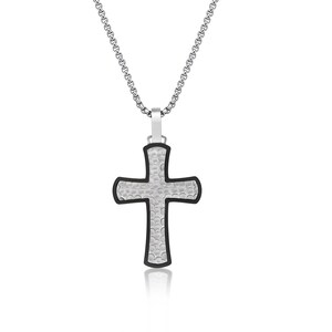 Hammered Cross Pendant for Men / Stainless Steel Cross Pendant / Black Ion Plated Pendant Necklace / 24 Inches Long Box Chain / Lobster Claw