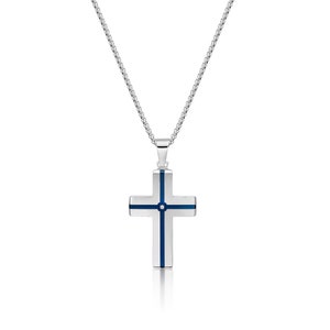 Cubic Zirconia Cross Pendant for Men / Stainless Steel Pendant Necklace / Blue Ion Plating Pendant / 24 Inch Round Box Chain / Lobster Claw