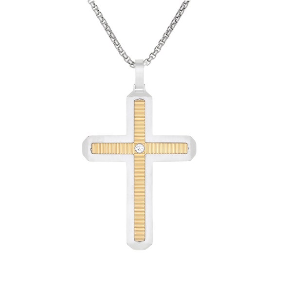 0.01 Carat Cubic Zirconia Two Tone Cross Pendant Necklace for Men / Stainless Steel Chain / Gold Ion Plating Cross / 24 Inches Box Chain