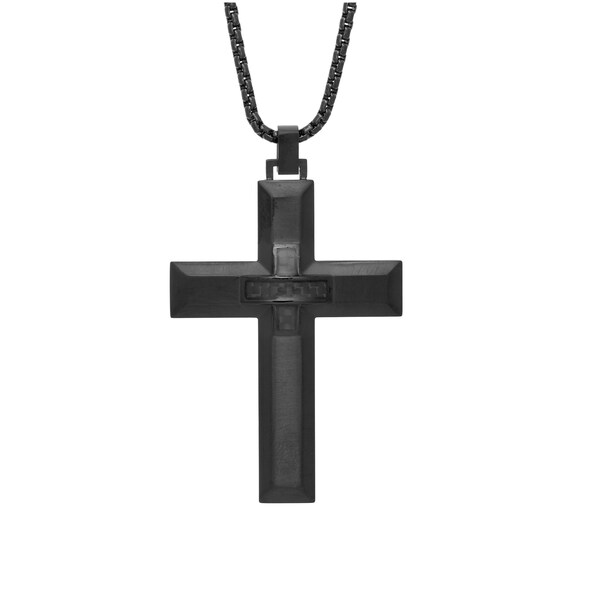 Carbon Fiber Cross Pendant for Men / Stainless Steel Necklace / Black Ion Plating Cross / 24 Inch Box Chain / Lobster Claw Pendant Necklace