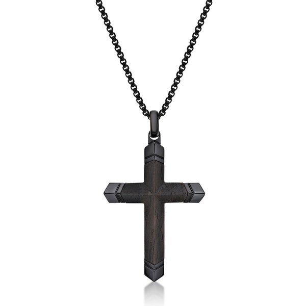 Ebony Wood Cross Pendant for Men / Stainless Steel Necklace / Black Ion Plating Pendant Necklace / 24 Inch Box Chain / Lobster Claw Necklace