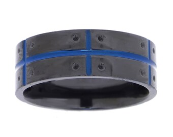 Black Zirconium Ring for Men /  Black and Blue Ion Plating Ring / 8 mm Wide Ring / Black Zirconium Ring for Him / Ring Size 10