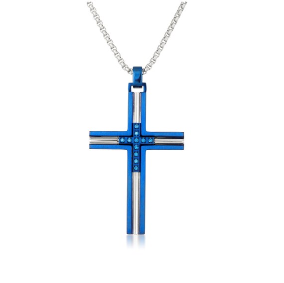 0.08 Carat Blue Diamond Cross Pendant for Men Stainless Steel Pendant Blue Ion Plating Pendant Diamond Cross 24 Inch Round Box Chain
