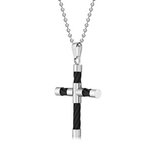 Stainless Steel Cross Pendant Necklace for Men / Black Ion Plated Stainless Steel / 22 Inches Long / Ball Chain / Lobster Claw Clasp