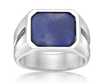 Sodalite Rectangle Ring for Men / Stainless Steel Ring / Sodalite Ring / Black Cubic Zirconia Ring / CZ Signet Ring / Ring Size 8 to 12