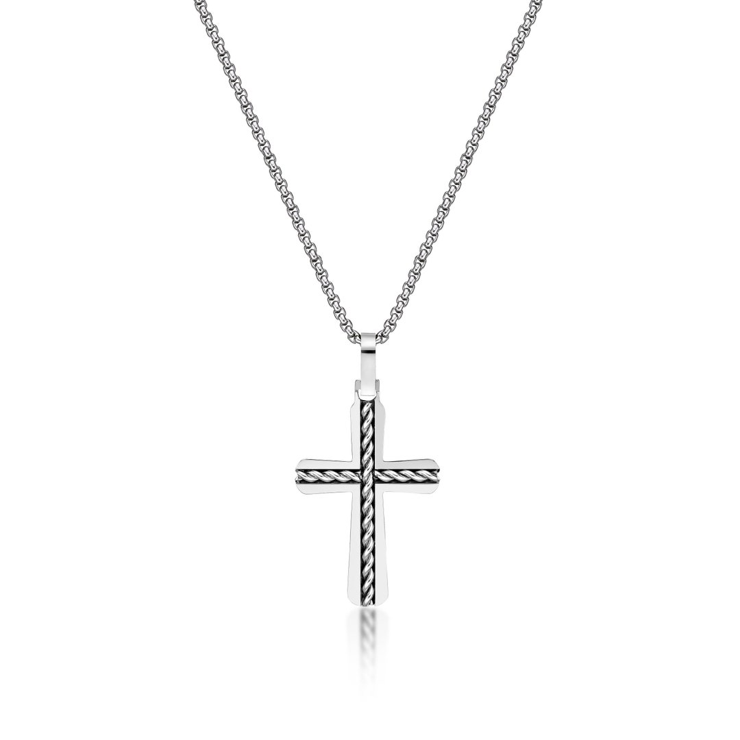 Cable Cross Pendant Necklace for Men / Stainless Steel Cross Pendant
