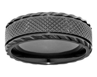 Black Zirconium  Tile Pattern Band Ring for Men /  Band Ring / 8 mm Wide Ring / Black Zirconium Ring for Him / Ring Size 9 to 11