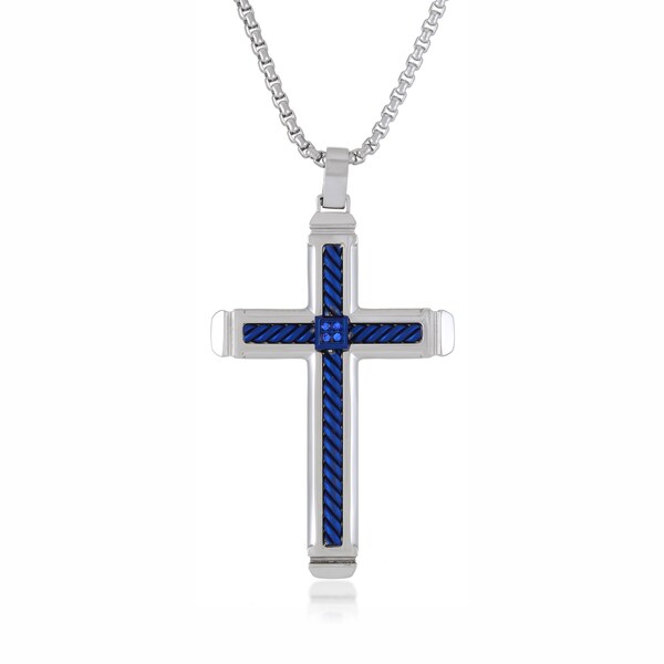 Pendentif câble croix avec diamants noirs ou bleus de 0,02 carat pour homme / Collier pendentif en acier inoxydable à placage ionique noir ou bleu / Chaîne 24 pouces