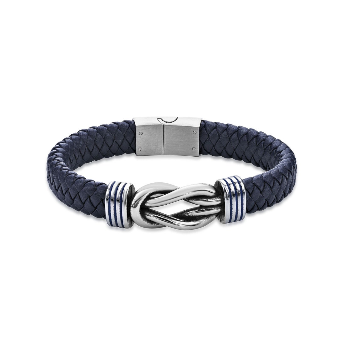 Navy Blue Braided Leather Bracelet for Men / 8.5 Inches Long Bracelet ...