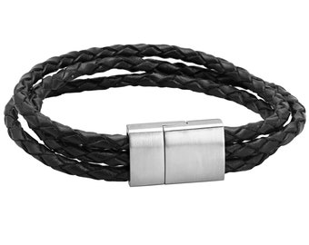 Triple Strand Braided Black or Brown Genuine Leather Bracelet for Men / 8.5 Inches Long / 25 mm Wide / Stainless Steel Magnetic Clasp