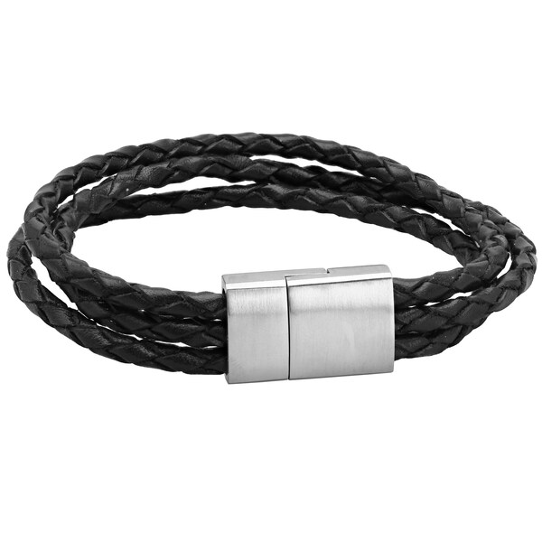 Triple Strand Braided Black or Brown Genuine Leather Bracelet for Men / 8.5 Inches Long / 25 mm Wide / Stainless Steel Magnetic Clasp