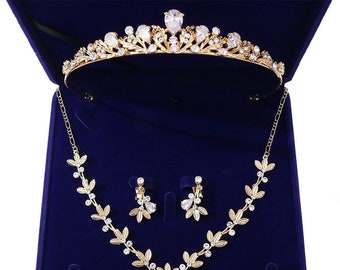 Tiare en or, ensemble de tiare de mariage de luxe, ensemble de couronne de boucle d’oreille en collier de cristal, ensemble de couronne de mariée en or / argent en strass, cadeau de diadème de reine