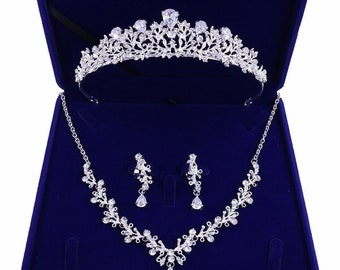 Plata Lujo Cristal Bridal Jewelry Sets Boda Cúbica Zircón Corona Tiaras Pendiente Gargantilla Collar Set De Pedrería Cuentas Joyería Frozen Set