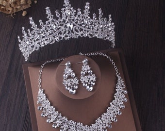 Silber Tiara Hochzeit Set, Braut Tiara Set, Kristall Perlen Braut Schmuck Set, Braut Tiara Halskette Ohrringe Set, Tiara Haarband Set Geschenk Sie