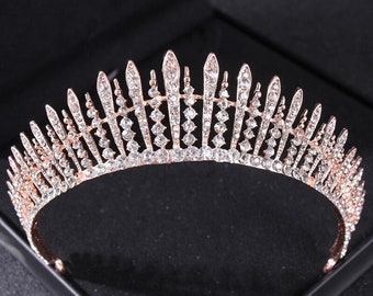 Baroque Luxury Rose Gold Crystal Crown, Bridal Wedding Gold/Silver Tiara, Big Crown Rhinestone Pageant Diadem Crystal Tiara, Gift For Her