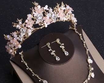 butterfly Rose Gold tiara Baroque Luxury Crystal Beads Hair Crown,Bridal Wedding pink Necklace Earring Tiara,Rhinestone Pageant Diadem Crown