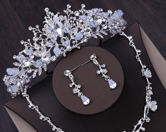 Bridal Tiara Set Silver Crown Set | Silver Crystal Tiara Set | Earrings Necklace | Wedding Set | Crystal Jewelry Headwear Cz Tiara Gift Her