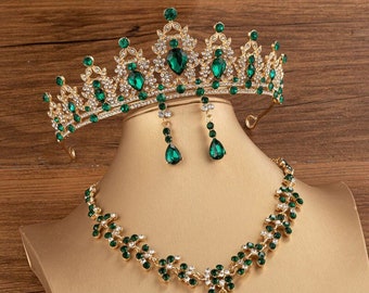 Or Vert Nouveau Strass Couronne Bandeau Mariage Mariée Princesse Reine Cheveux Tiare, Ensemble de Collier de Tiare Rouge, Couronne de mariée Ensemble de diadème Rouge Offrez-Lui