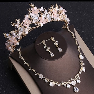 butterfly Rose Gold tiara Baroque Luxury Crystal Beads Hair Crown,Bridal Wedding pink Necklace Earring Tiara,Rhinestone Pageant Diadem Crown