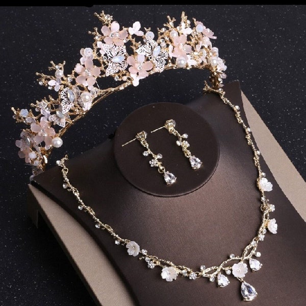 papillon Rose Gold tiare Baroque Luxury Crystal Beads Hair Crown, Mariage Mariage Rose Collier Boucle d’oreille Tiara, Strass Pageant Diadème Couronne