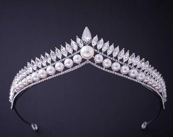 Vintage Silber Hochzeit Perlen Tiara, Kristall Braut Kopfschmuck, Royal Filigrane Krone, Silber Hochzeit Haar Diadem, Strass Haar Party Krone