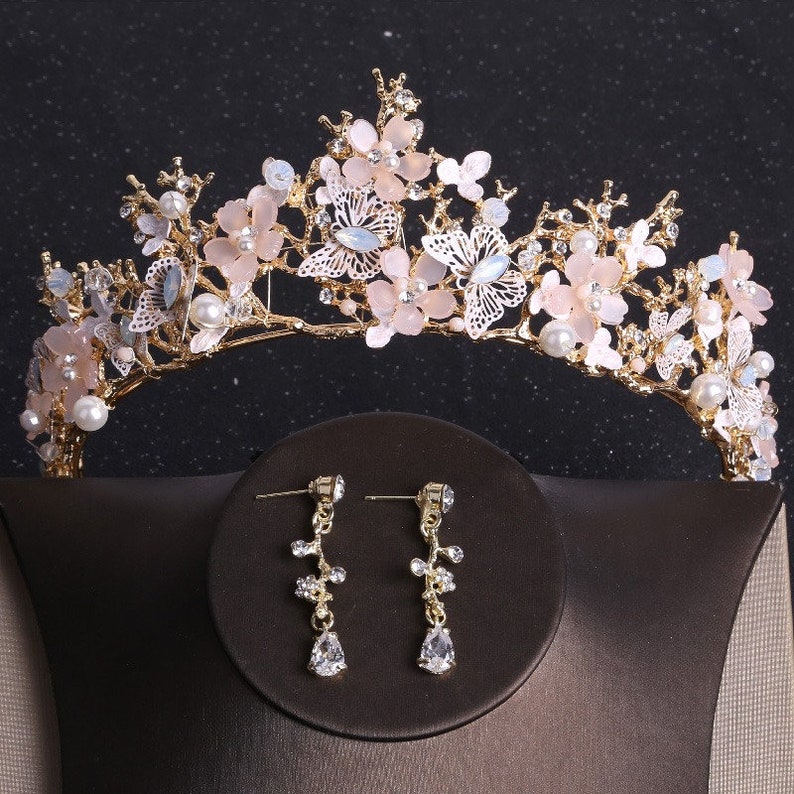 Schmetterling Rose Gold Tiara Barock Luxus Kristall Perlen Haarkrone,Braut Hochzeit rosa Halskette Ohrring Tiara,Strass Pageant Diadem Krone Bild 4