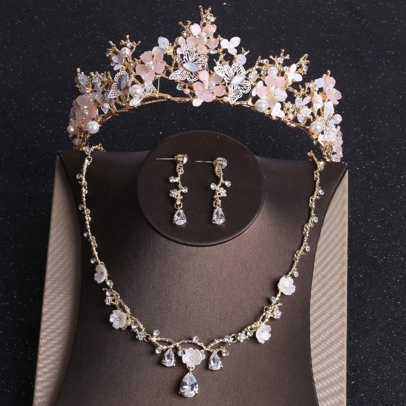 Schmetterling Rose Gold Tiara Barock Luxus Kristall Perlen Haarkrone,Braut Hochzeit rosa Halskette Ohrring Tiara,Strass Pageant Diadem Krone Bild 2